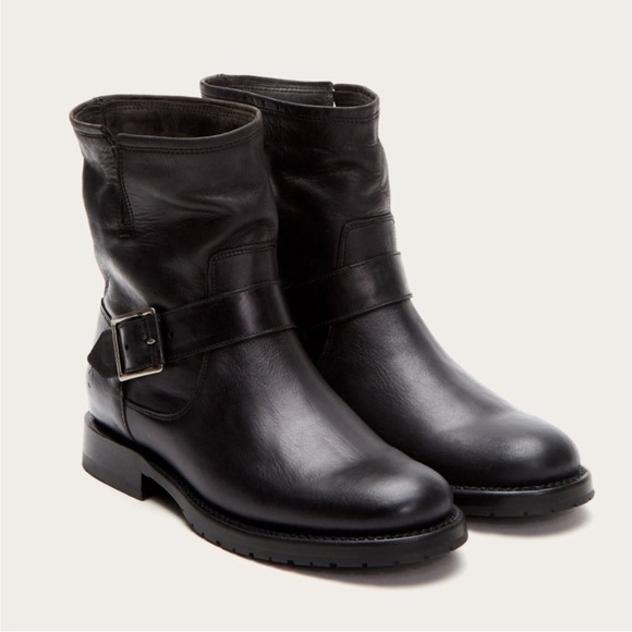 $388 Frye Natalie Engineer Black Leather  Short Moto Belted Casual Lug AnkleBoot - Picture 2 of 16